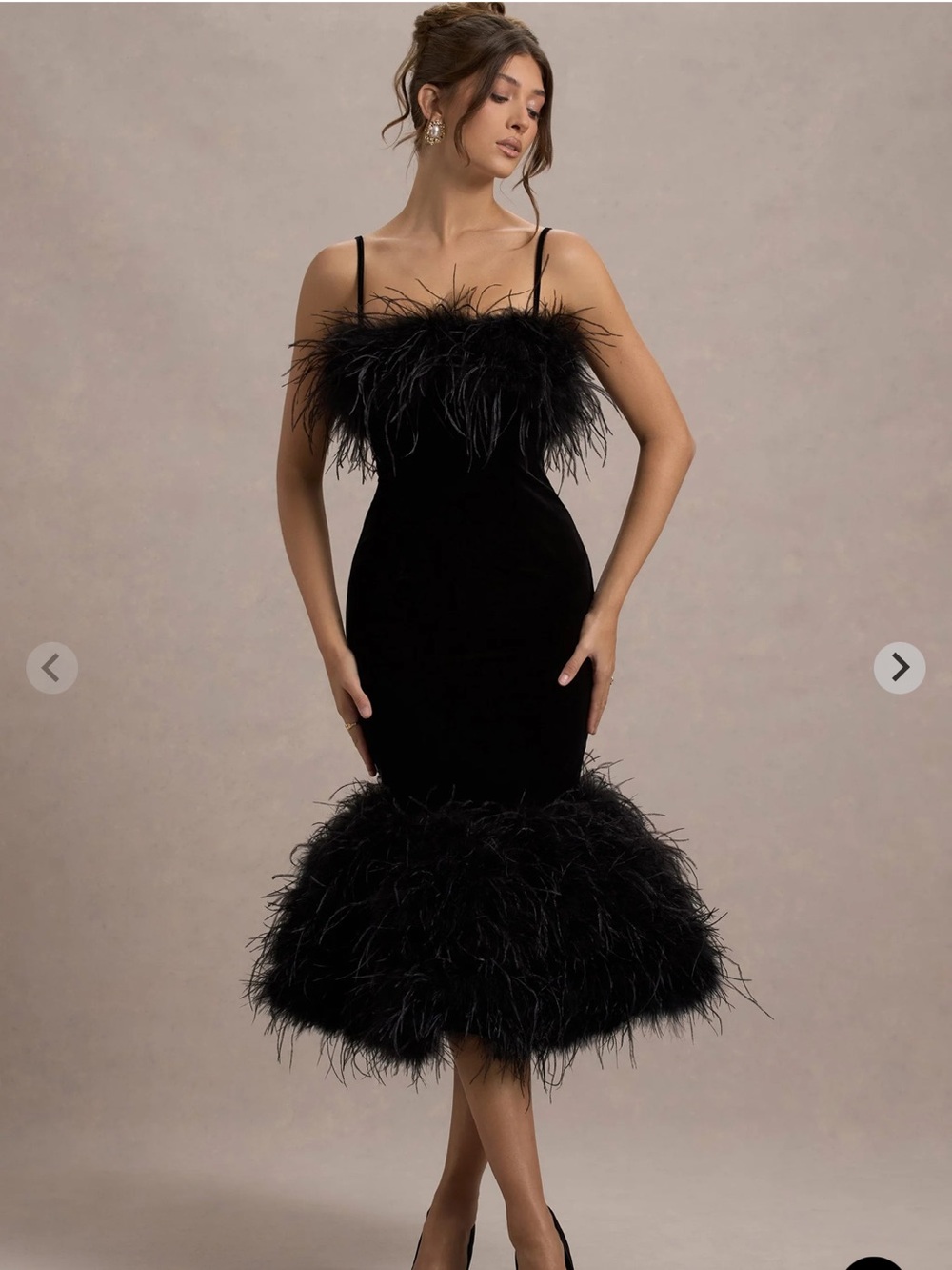 Elegant Black Feather-Trim Midi Dress